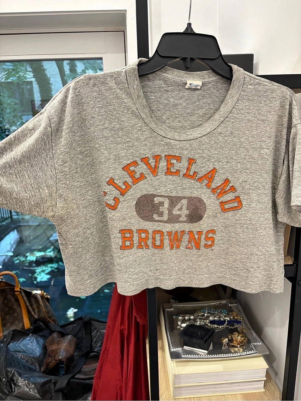 Cleveland Browns Champion Cropped Graphic Tee in Gray & Orange Size XL Like New